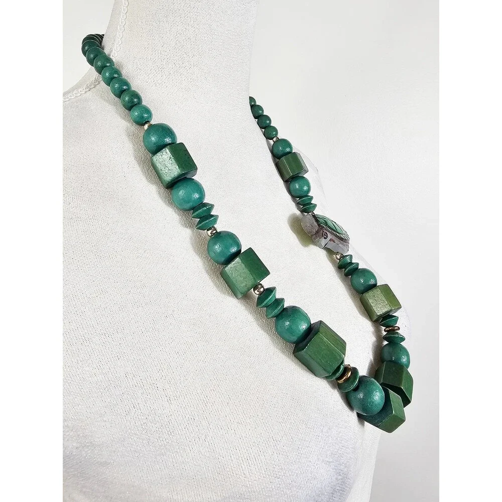 Vintage Wooden Beaded Turtle Bohemian Chunky Green Painted Bead Necklace